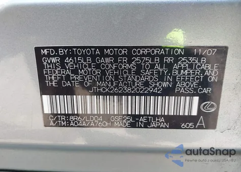 2008 Lexus Is 250 z USA, uszkodzony, nr VIN JTHCK262382022942